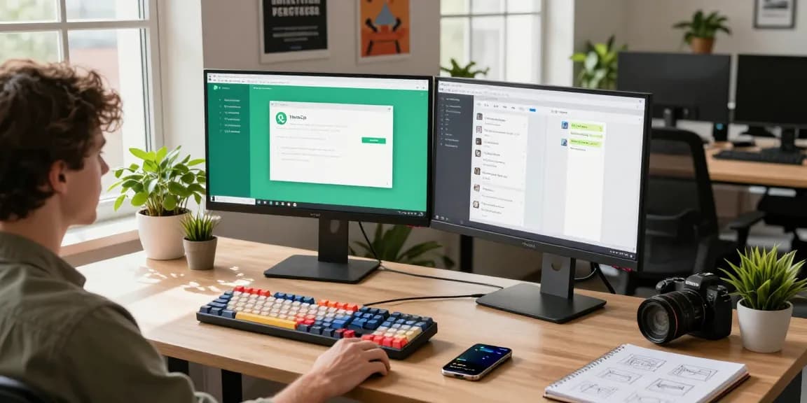 Engaging workspace image showing WhatsApp網頁版 on dual monitors, highlighting a modern tech environment.
