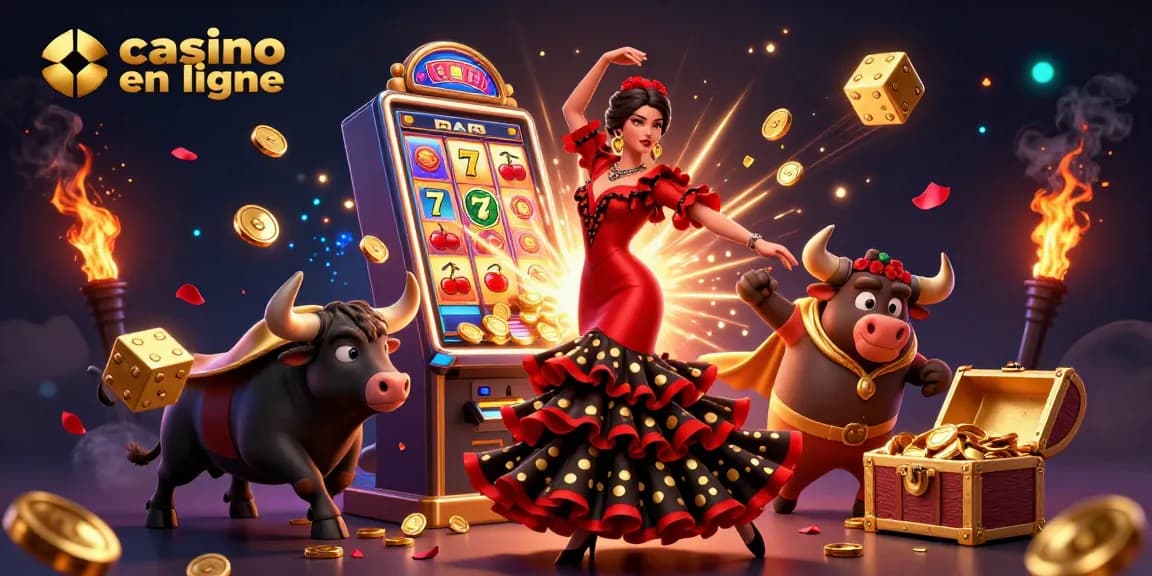 Vivez l'excitation du casino en ligne avec une illustration festive 3D dynamique mettant en valeur des personnages et des éléments de jeu.