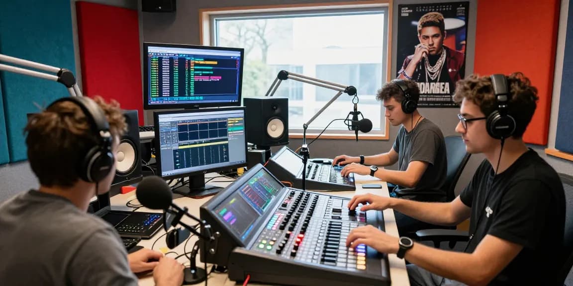 Dynamic team in a vibrant studio creating internet radio stations, showcasing music production and collaboration.