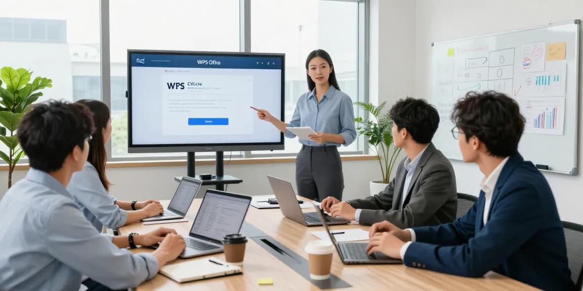 Team collaborating on wps下载 in a modern office workspace.