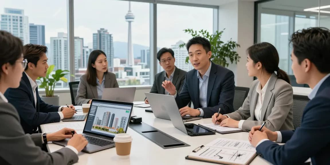 Terry Hui collaborating with diverse professionals in a modern corporate office, showcasing innovation in real estate development.