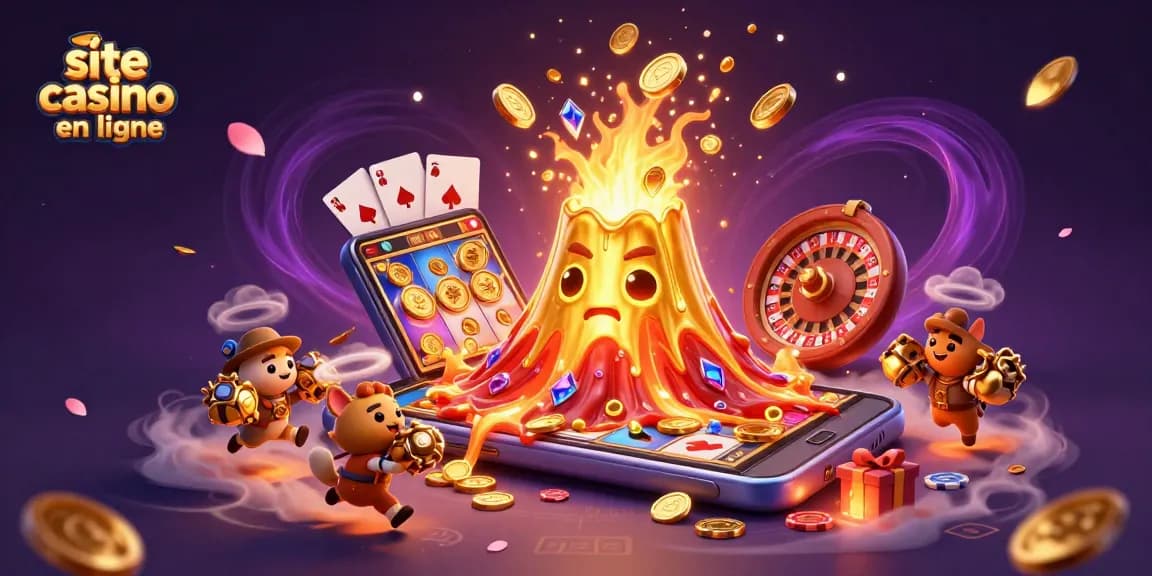 Venez explorer un site casino en ligne où un volcan doré émet des pièces et des trésors, captivant l'aventure.