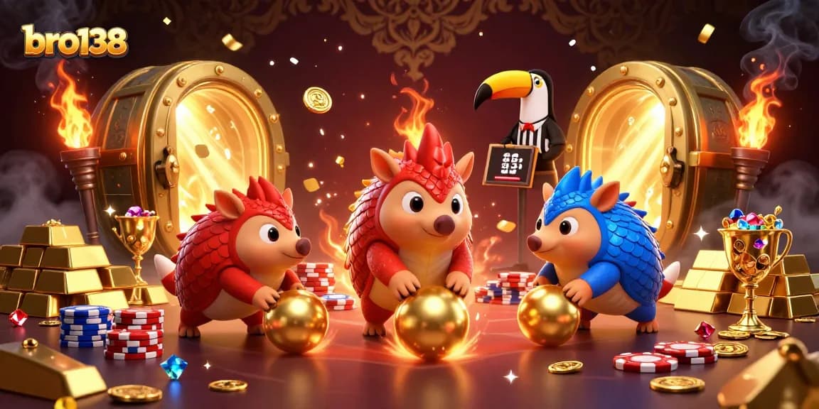 Join the excitement at bro138 as rival pangolins roll golden balls and bowl poker chips in an energetic casino scene.