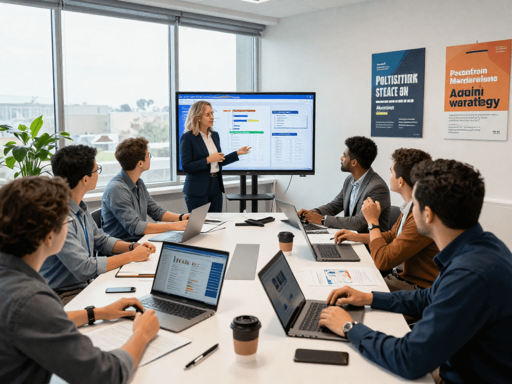 Engaging team meeting focused on digital advertising for political campaigns with data charts and collaborative discussions.