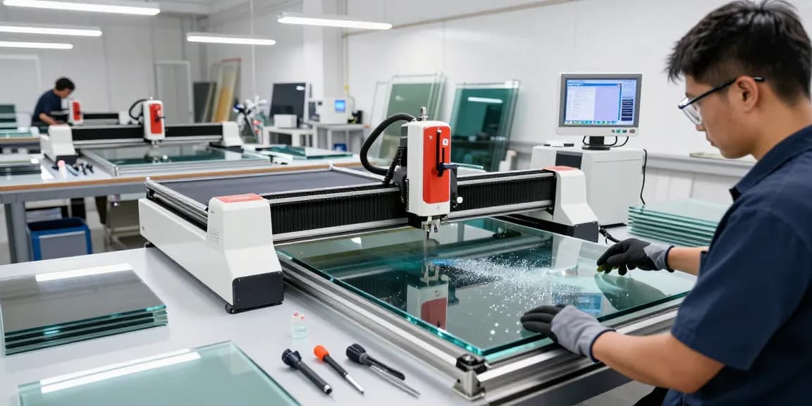 Technician using a CNC glass cutting machine in a bright workshop, illustrating modern glass processing technology.