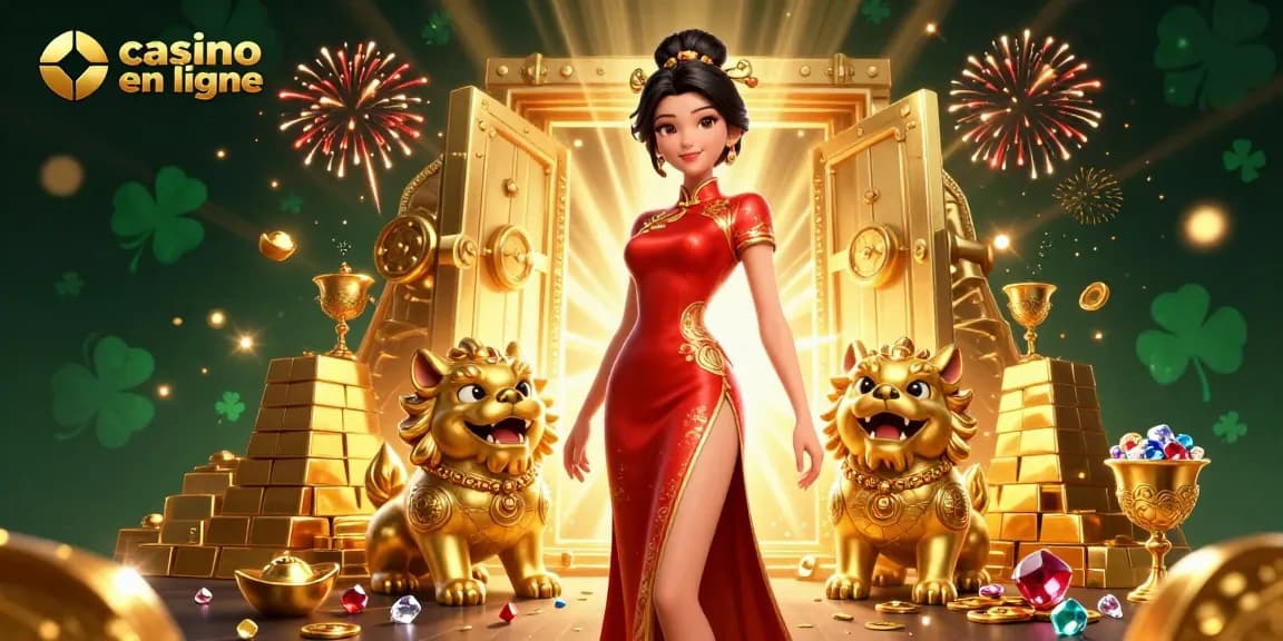 Vivez l'excitation au casino en ligne avec une riche scène de trésors et des personnages dynamiques.