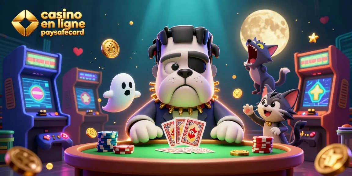 Des joueurs au casino en ligne paysafecard gagnent des jackpots en jouant des cartes auprès d'un bulldog soutenu par des machines rétro.