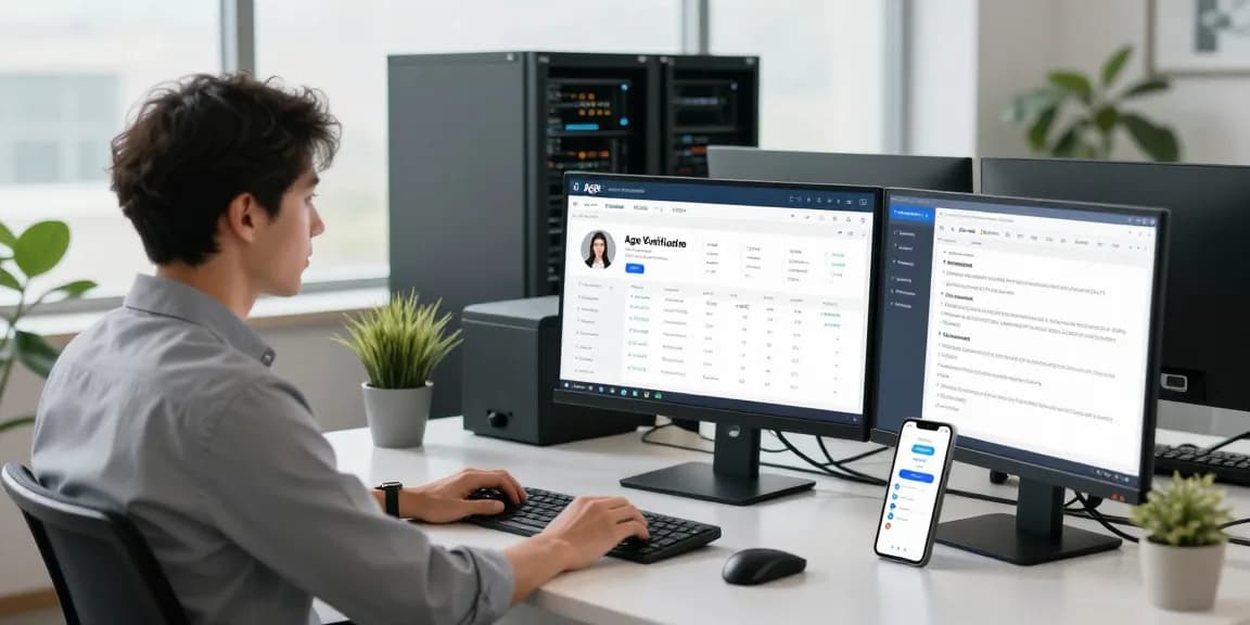 Age verification system dashboard in a modern workspace, highlighting compliance and analytics.