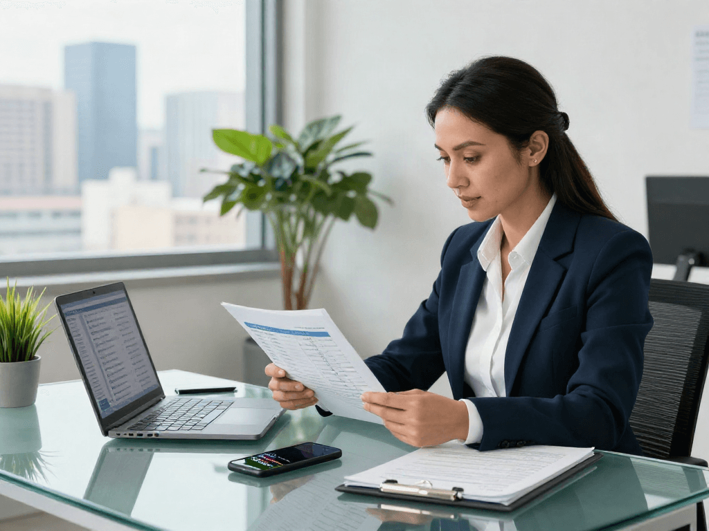 Real estate agent reviewing market strategies with deposit 10k documents in modern office