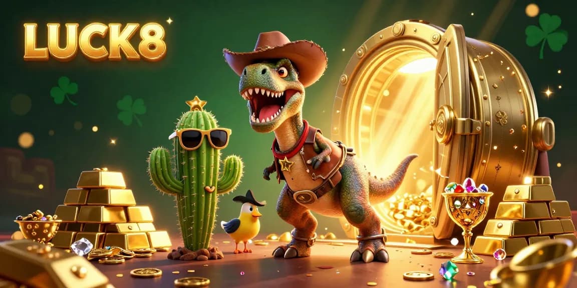 Engage in thrilling gameplay at LUCK8 casino with vibrant gold and gems in this dynamic 3D scene.