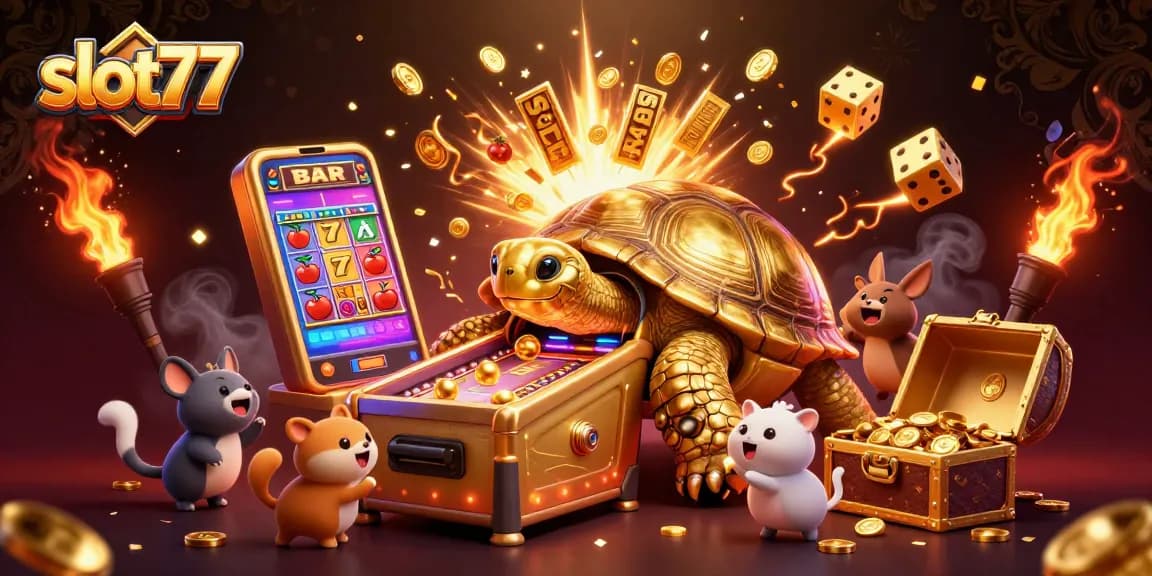 Play thrilling slot77 games with a captivating jackpot experience featuring a whimsical golden tortoise.