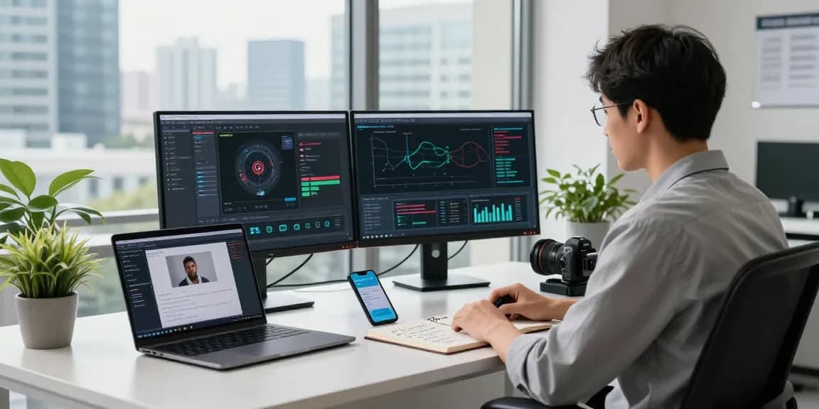 Young professional analyzing data with an AI detector in a modern office setting.