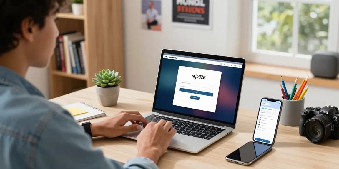 Engaged user logging into raja328 platform on a stylish laptop.