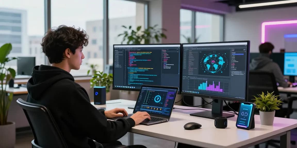 快连 software developer analyzing network performance metrics in a vibrant tech office.