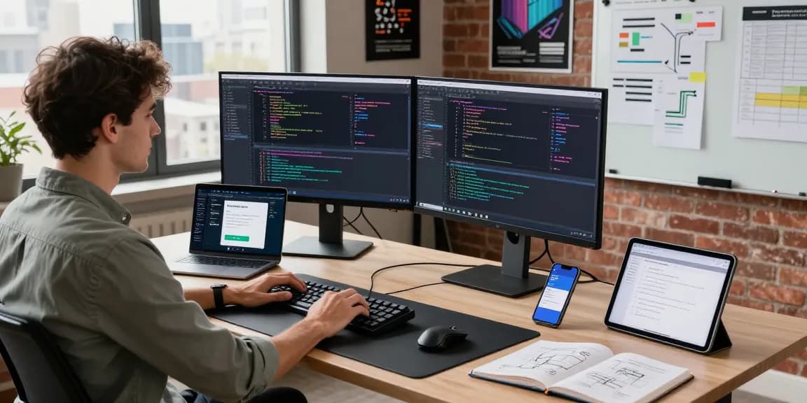 快连 software performance showcased in a vibrant tech workspace with coding, design tools, and natural lighting.