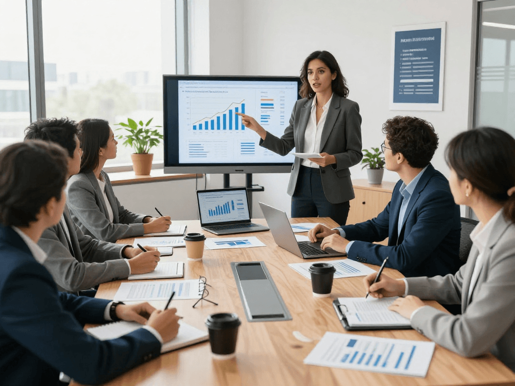 Financial consultants collaborating at https://koperasisantun.com/ meeting, showcasing investment strategies with dynamic presentations and engaging discussions.