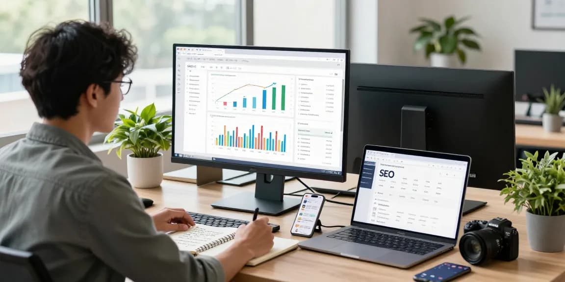 Get Ai visiblity on your website with a marketing professional analyzing SEO metrics in a bright office space.