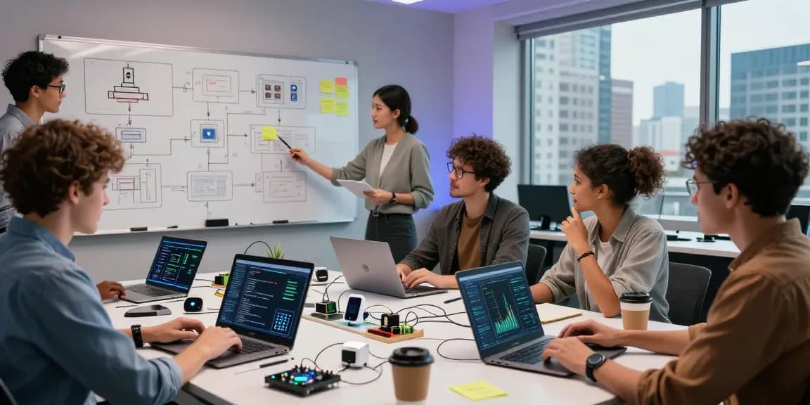 Engineers collaborating on What are IoT projects in a modern workspace with devices and data analytics