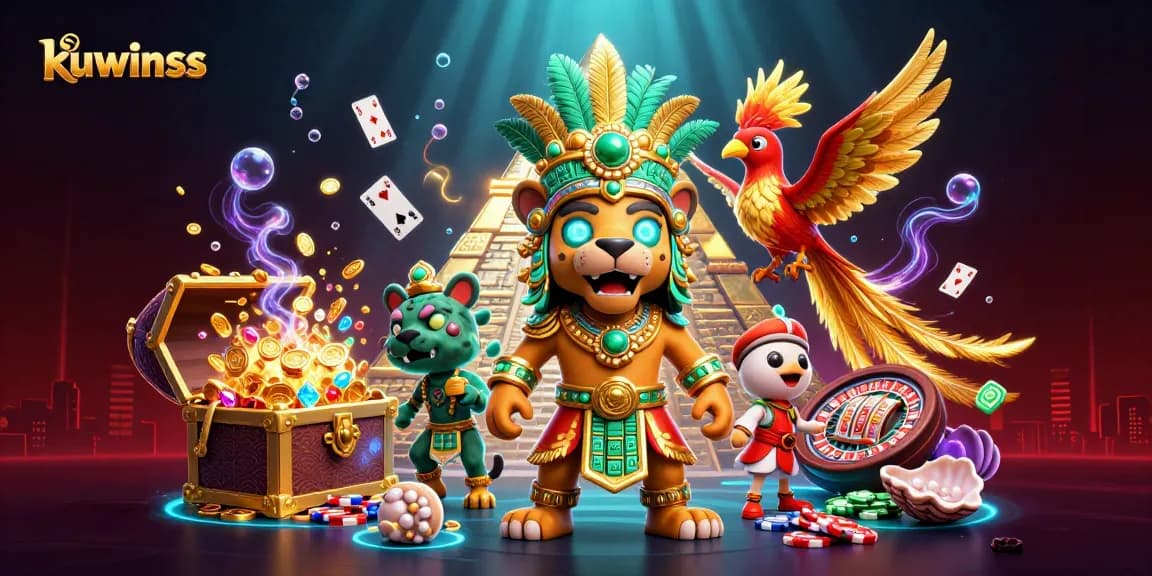 Kuwinss offers winning chances with vibrant 3D casino illustration featuring dynamic game elements.