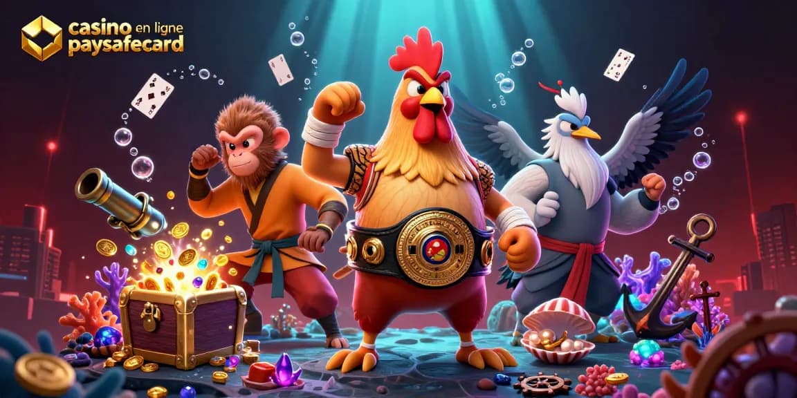 Les personnages de casino en ligne paysafecard avec un coq Muay Thai et un singe Shaolin entourés de trésors sous-marins.