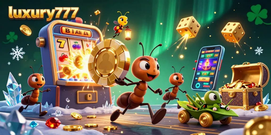 Engage with luxury777 in a vibrant casino heist illustrated by ants carrying a giant poker chip.