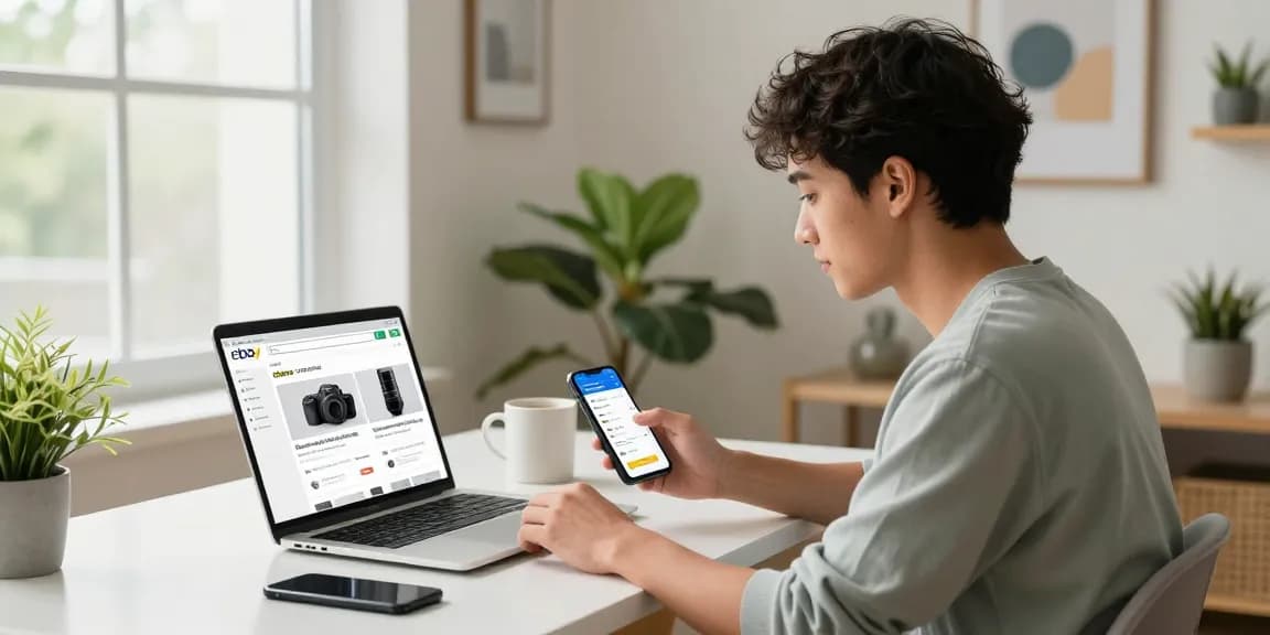 Browse ebay account for sale listings in a modern home office setup