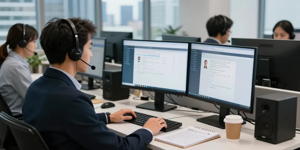 Customer service representative providing Telus-Technical-Support in a modern call center.