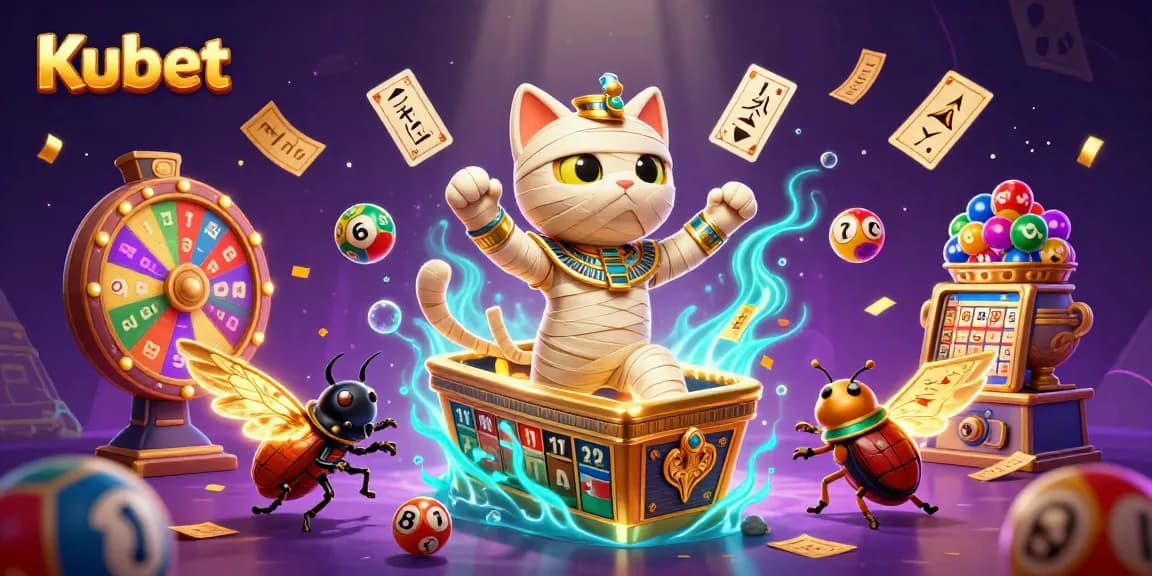 Kubet menghadirkan momen menang dengan kucing mummy 3D dan kartu yang mengambang di kasino.