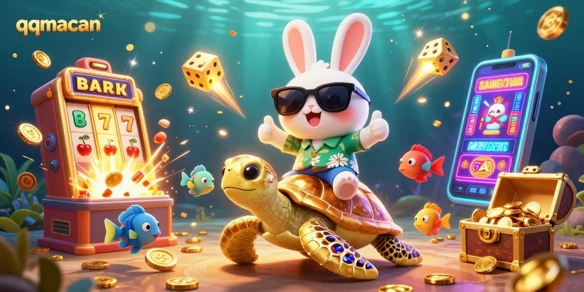 Spin to win with qqmacan in this vibrant casino adventure featuring a lucky rabbit and treasures!