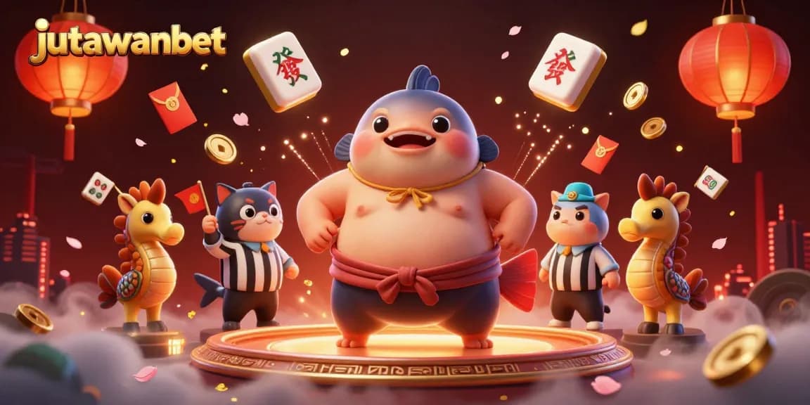 Join the festive action at jutawanbet with a vibrant underwater casino featuring a sumo fugu and festive spectators.