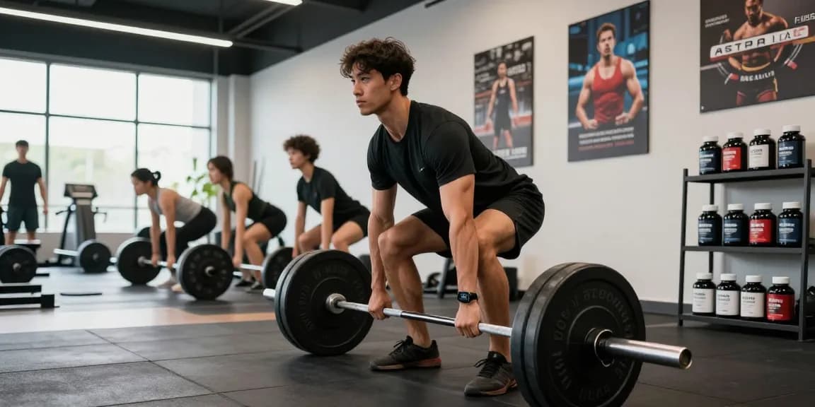 Dynamic workout scene at the Astera Steroids Shop showcasing fitness enthusiasts using Astera Labs products for strength training.