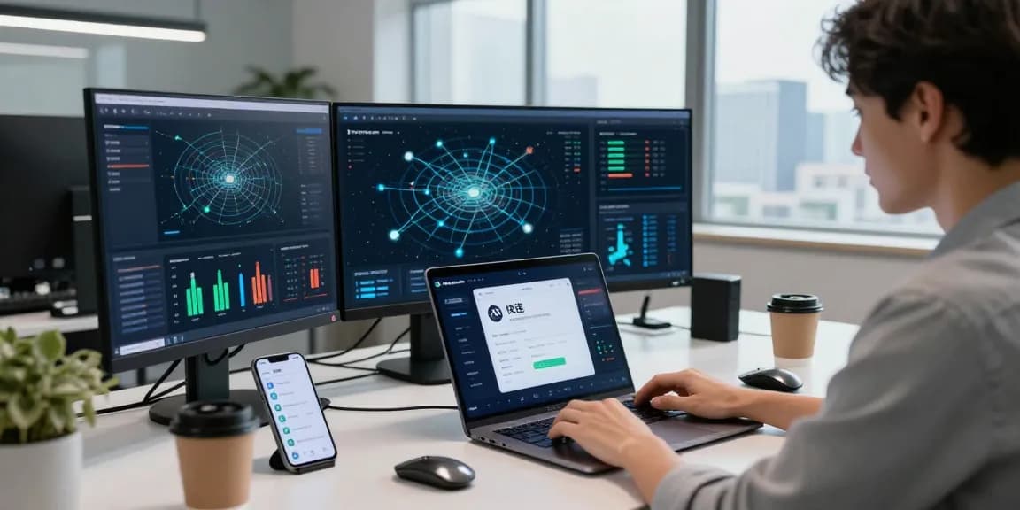 User optimizing the快连 network speed in a high-tech office with multiple screens and a city view.