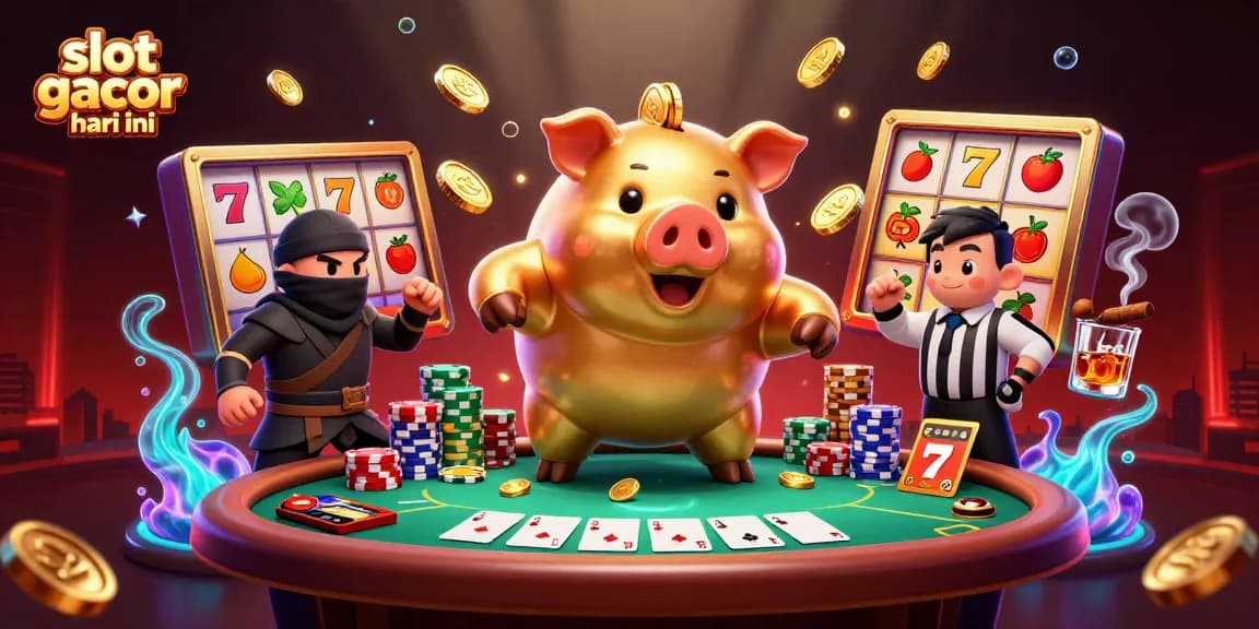 Engage with slot gacor hari ini featuring a golden piggy bank sumo wrestler amidst vibrant casino elements.