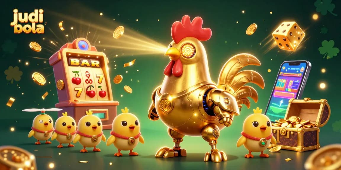 Experience thrilling judi bola action with a futuristic golden rooster robot amidst a jackpot explosion.