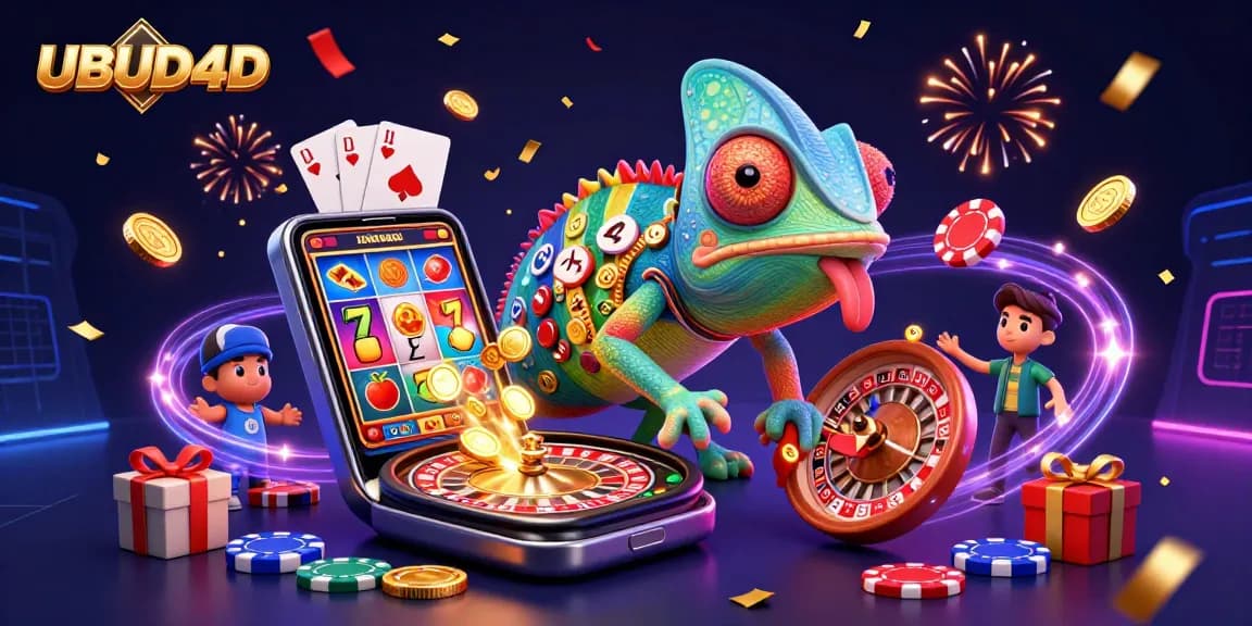 Experience the excitement of UBUD4D with a vibrant online casino scene showcasing dynamic games and energetic characters.