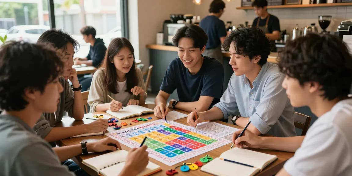 Diskusi strategi nomor rejeki di kafe dengan suasana ceria dan angka beruntun di meja
