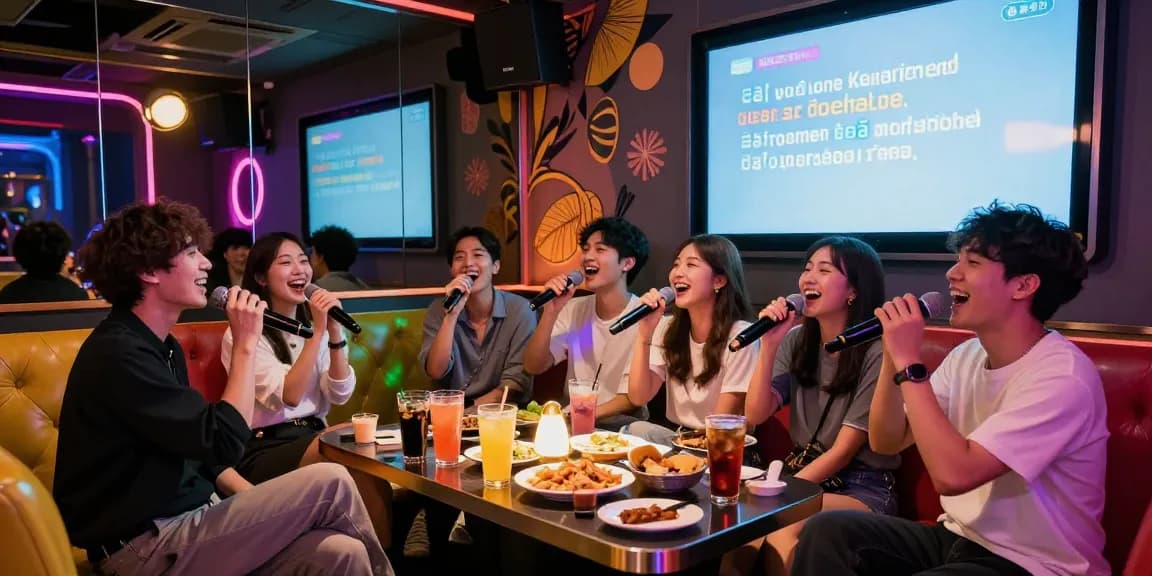 Friends enjoying 강남가라오케 in a vibrant karaoke venue with colorful lights and excitement.