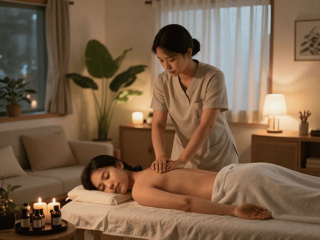 Professional at-home 종로출장 massage service with calming ambiance and therapist at work.