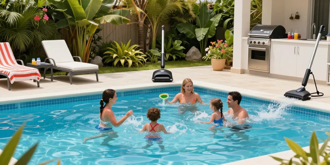 Family enjoying a sunny day at the pool with oprema za bazene setup for maintenance and relaxation.