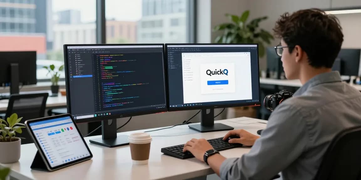 展示QuickQ应用界面的现代开发者工作空间，充满技术氛围