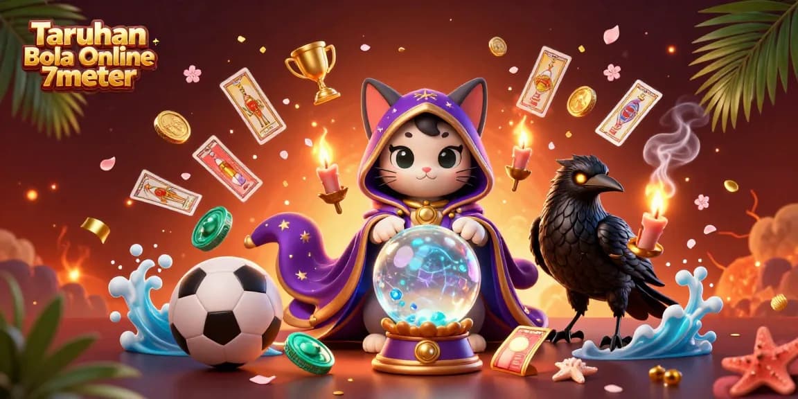 Experience the thrill of Taruhan Bola Online 7meter with dynamic betting scene featuring iconic sports elements and mystical characters.