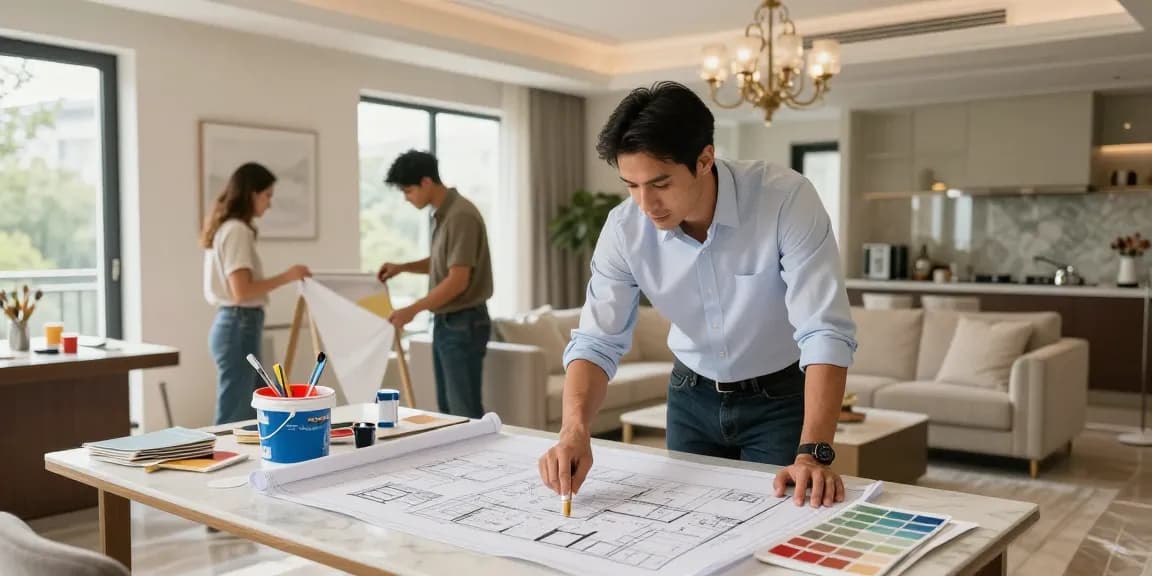 General contracting professionals collaborating on a stylish renovation project in an upscale interior.