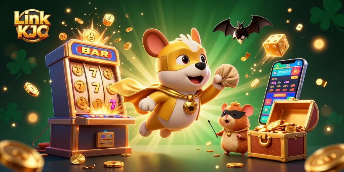 Win big with Link KJC as the superhero dog and sidekick hamster soar over a vibrant casino scene.