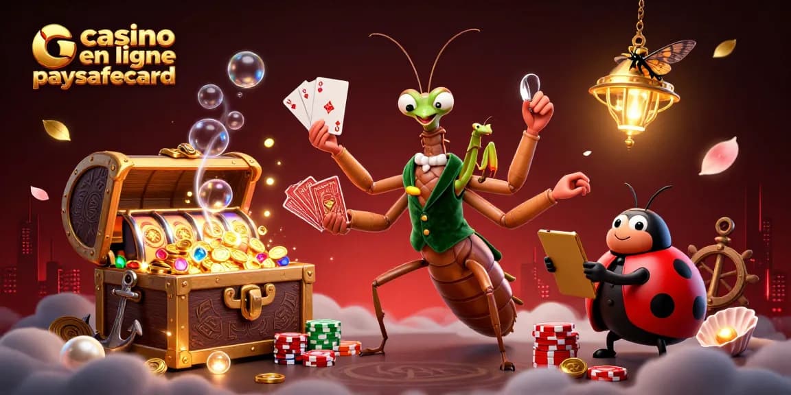 Illustration dynamique d'un casino en ligne paysafecard avec un caméléon géant distribuant des cartes et des jetons