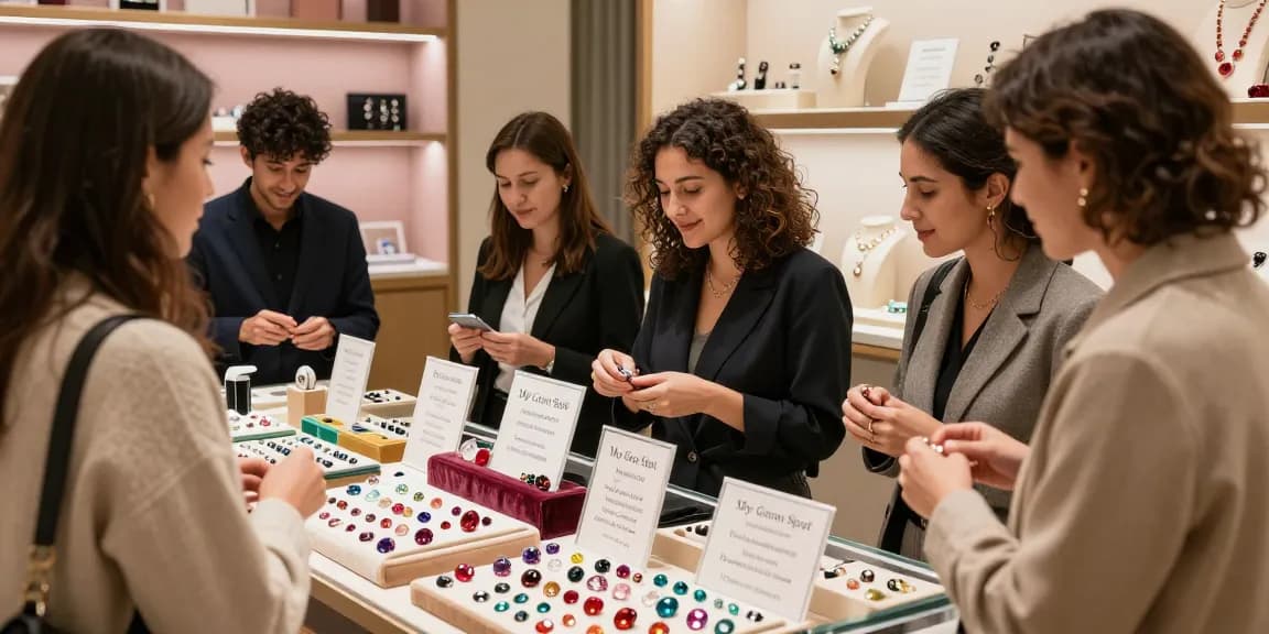Shoppers exploring quality gemstones at My Gem Spot's marketplace, showcasing reliability and vibrant colors.