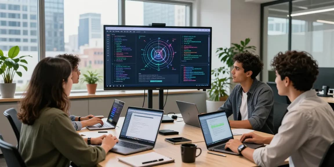 Dynamic tech workspace highlighting collaboration on AI tools 2026 with professionals around a table.