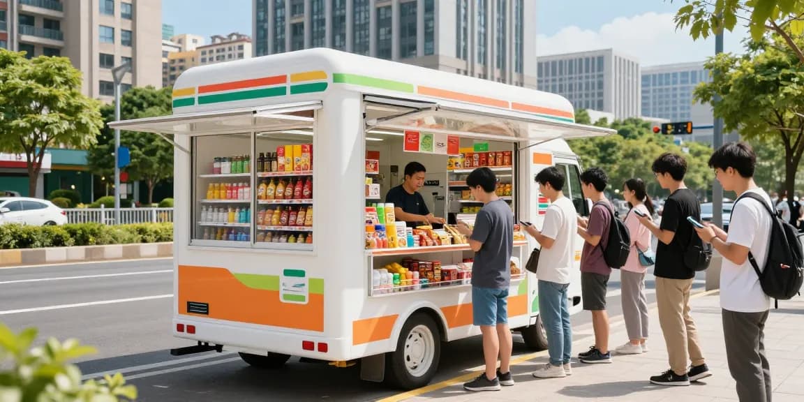 Mobile convenience store engaging customers with snacks and drinks in a bustling urban environment.