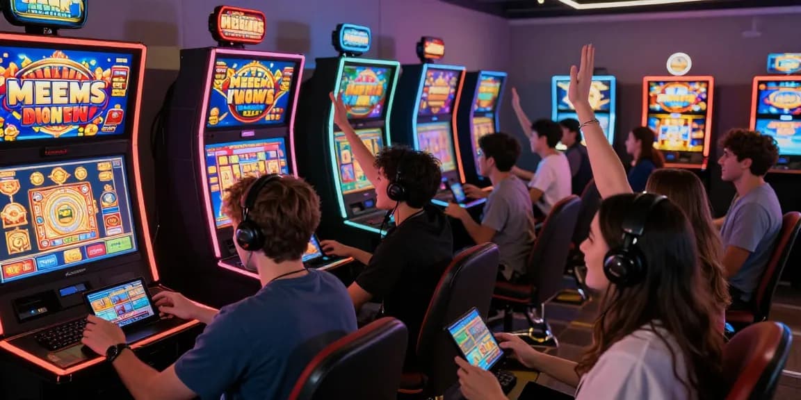 Exciting slot depo 5k gaming scene with players celebrating wins in vibrant gaming room.