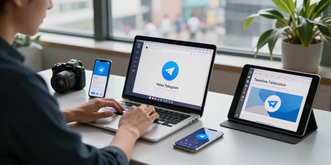 Using Telegram on a laptop in a modern workspace, highlighting a telegram account china setup and VPN application for access.