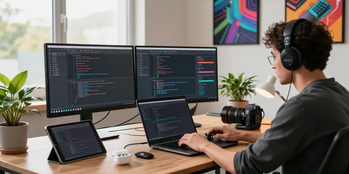 Developer coding in a modern workspace with 纸飞机中文版 features visible on screens, showcasing a vibrant tech environment.
